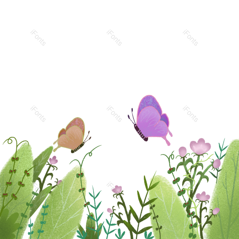 插画图片,花草元素,蝴蝶PNG,春天免抠素材